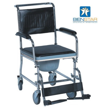 Silla Comodo Ruedas 5 Pulg Cromada Tapiz Negro Pierneras Desm. Brazos Abatibles Frenos 100 Kg