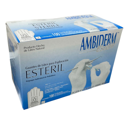 Guantes Estériles Ambiderm de Látex Blanco Bajo en Polvo, Lisos, Caja con 100 Pzas
