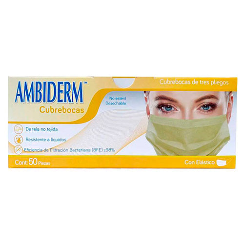 Cubrebocas Adulto Tricapa 3 Pliegos Amarillo con Elastico Caja C/50