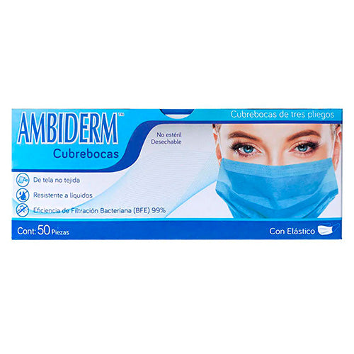 Cubrebocas Adulto Tricapa 3 Pliegos Azul con Elastico Caja C/50