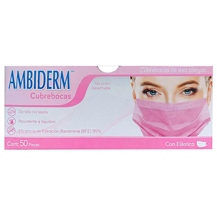 Cubrebocas Adulto Tricapa 3 Pliegos Rosa con Elastico Caja C/50