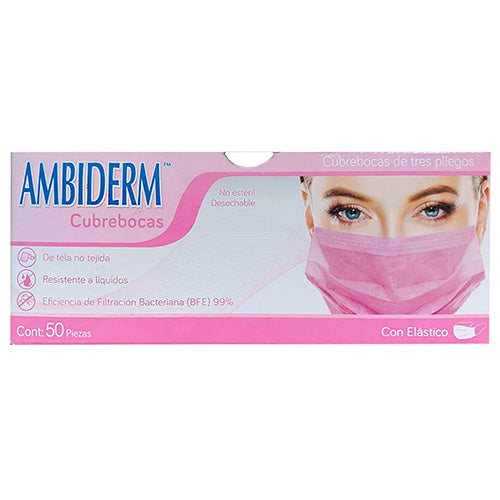 Cubrebocas Adulto Tricapa 3 Pliegos Rosa con Elastico Caja C/50