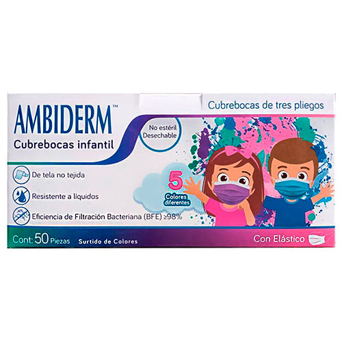 Cubrebocas Pediatrico Tricapa 3 Pliegos Colorfull con Elastico Caja C/50