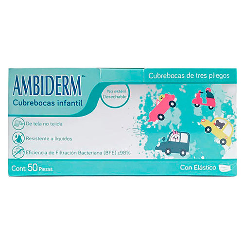 Cubrebocas Pediatrico Tricapa 3 Pliegos Verde con Carros con Elastico Caja C/50