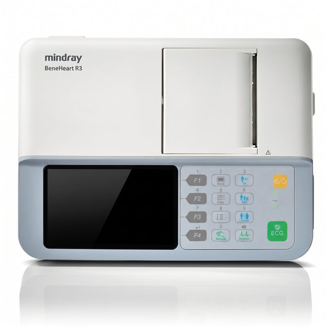 Electrocardiógrafo de 3 canales Mindray BeneHeart R3, vista frontal con pantalla a color de 5 pulgadas