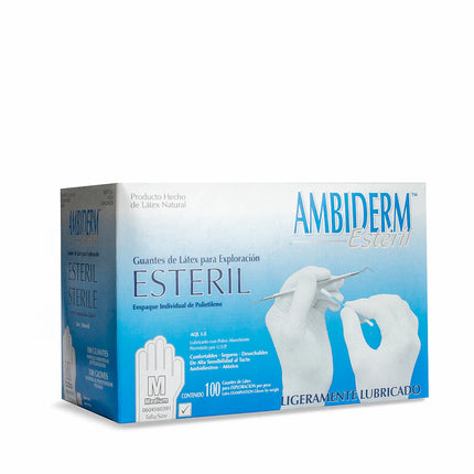 Guantes Estériles Ambiderm de Látex Blanco Bajo en Polvo, Lisos, Caja con 100 Pzas
