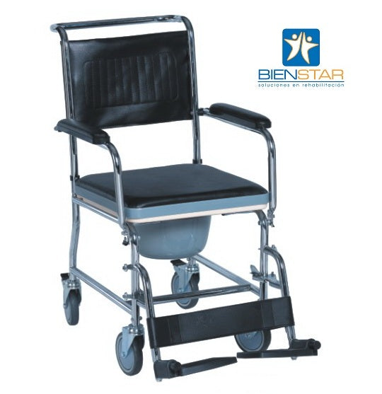 Silla Comodo Ruedas 5 Pulg Cromada Tapiz Negro Pierneras Desm. Brazos Abatibles Frenos 100 Kg