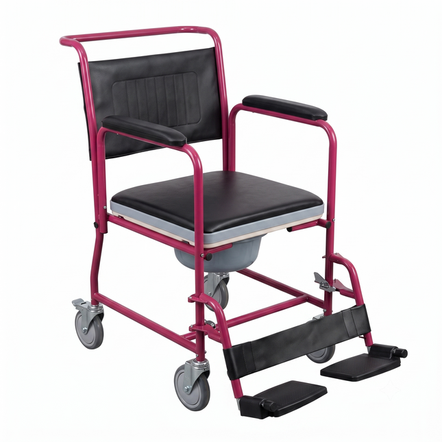 Silla cómodo con ruedas de 5 pulgadas color tinto, marco pintado en polvo, 
brazos fijos y pierneras desmontables, modelo 815B capacidad 100 kg — Nafarrate